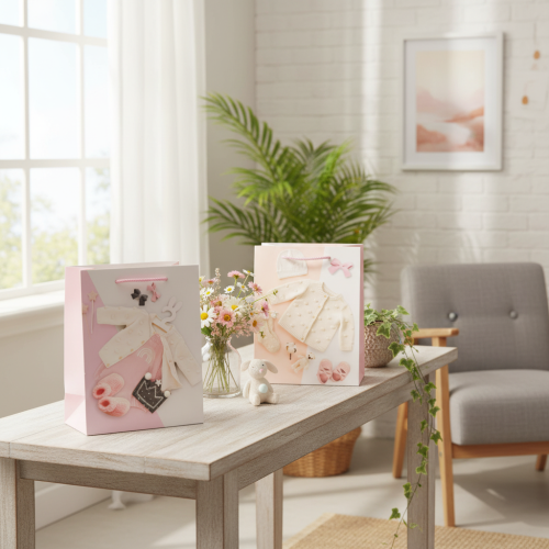 Geschenktaschen aus Papier Baby Mädchen Rosa Pfirsich 23×18 cm 2 Stück | Floristik24.ch