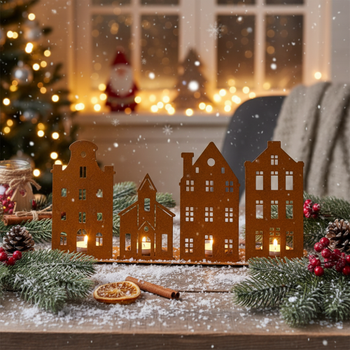 Kerzenhalter aus Metall in Rostoptik, Häuser- und Kirchenmotiv, 52×12cm für Advents- und Weihnachtsdekoration | Floristik24.ch