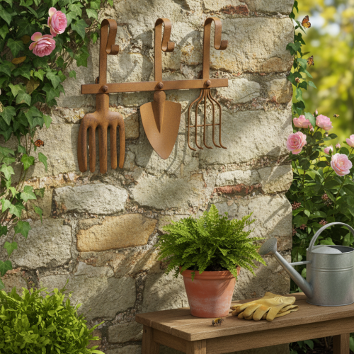 Hakenleiste aus Metall mit Edelrost, 3 Haken, Gartenwerkzeug-Motiv, Länge 33,5 cm | Floristik24.ch