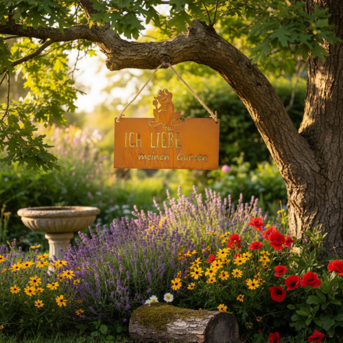 Schild aus Metall mit Spruch "Ich liebe meinen Garten", 38 cm, Edelrost, Froschmotiv | Floristik24.ch