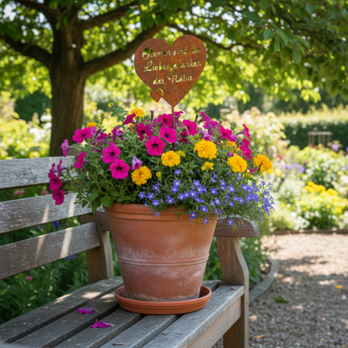 Blumenstecker Herz aus Metall mit Spruch "Blumen sind die Liebesgedanken der Natur", Edelrost, 10 cm, Gartendeko, 6er-Set | Floristik24.ch