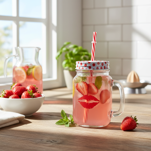 Trinkglas mit Deckel und Henkel aus Glas Ø7cm H13,5cm mit Kussmund-Motiv | Floristik24.ch