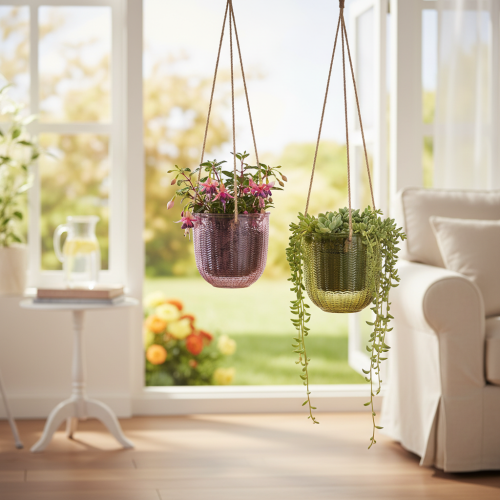 Hängender Glas-Blumentopf oder Windlicht, 14 cm, Lila und Grün, 2 Stück | Floristik24.ch