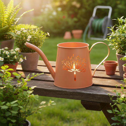Artikel Metall Teelichthalter Gießkanne Orange mit Pusteblumen-Motiv 12cm, 2er Set