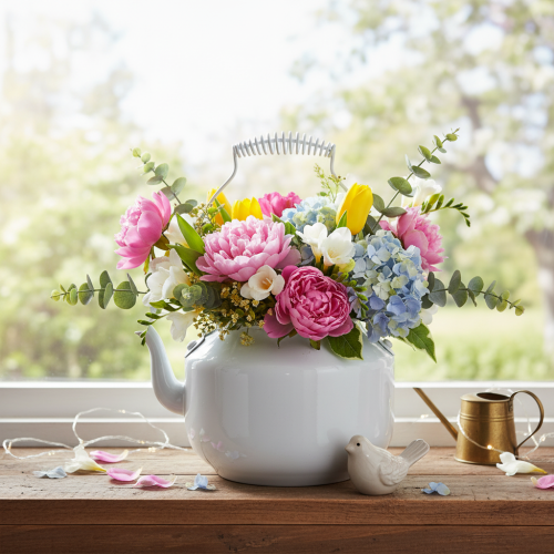 Deko-Teekanne aus Metall Weiss Ø12cm H10cm mit Henkel H16cm als Übertopf und Blumendeko | Floristik24.ch