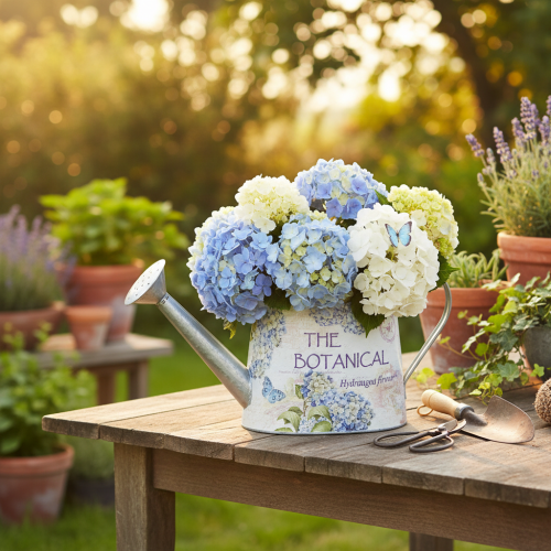 Deko Giesskanne Metall Hortensien Blumen Motiv 30x11x14,5cm für Innenbereich | Floristik24.ch
