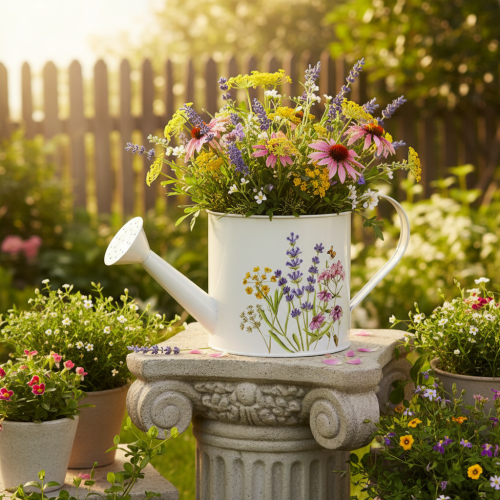Artikel Weisse Metall Giesskanne 13,5 cm mit Blumenmotiv für Dekoration und Bepflanzung