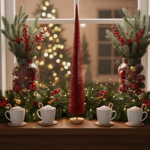 Deko-Tannenbaum aus Kunststoff schlank mit Holzfuss 80 cm rot | Floristik24.ch