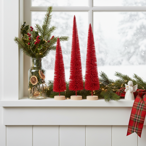 Deko Tannenbaum schmal künstlich Rot mit Holzsockel 40 cm 3er-Set | Floristik24.ch