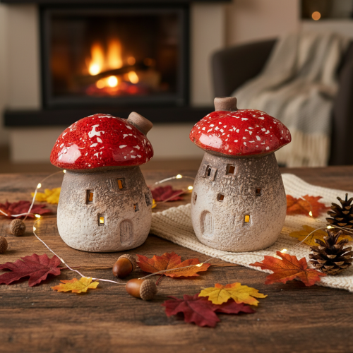 Pilzhaus 2er-Set Keramik 10cm rot-weiss mit Schornstein | Floristik24.ch