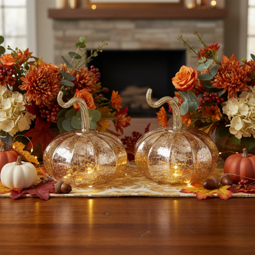 Glaskürbis Dekoration aus Glas und Metall, H14 cm, Kupferfarben, 2er-Set | Floristik24.ch