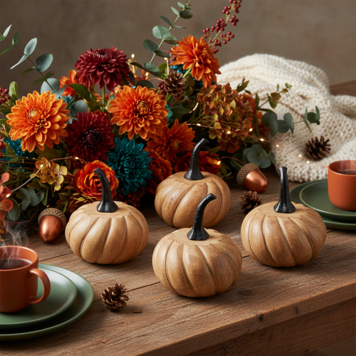 Herbstdeko Kürbis aus Mangoholz mit Metallstiel Natur Schwarz Ø12cm H13cm | Floristik24.ch