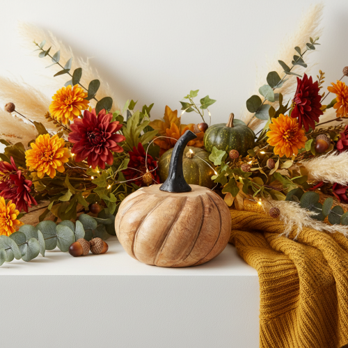 Herbstdeko Kürbis aus Mangoholz mit Metallstiel Natur Schwarz Ø12cm H13cm | Floristik24.ch