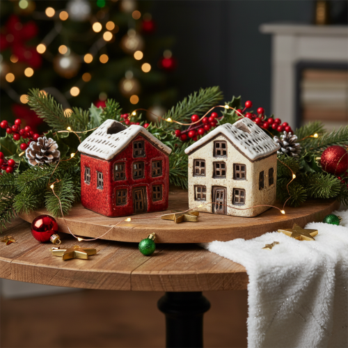 Kerzenständer aus Keramik im 2er-Set, Hausform, 7 cm, Rot und Beige mit Schnee | Floristik24.ch