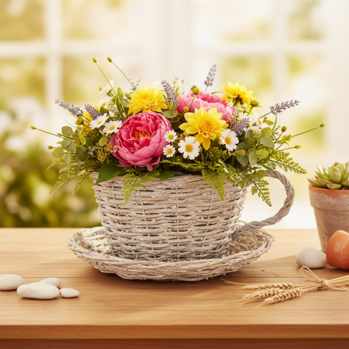 Korb Tasse mit Unterteller aus Weide 34 cm Weiss-Grau | Floristik24.ch