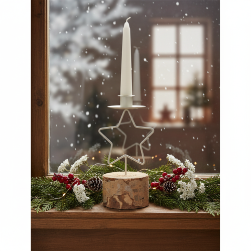 Kerzenhalter Stern aus Metall mit Holzsockel 20cm Silber Natur | Floristik24.ch