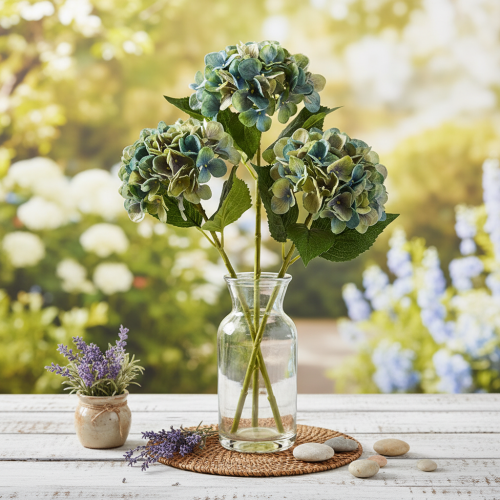 Künstliche Hortensie Einzelstiel blau grün 53 cm Polyester | Floristik24.ch