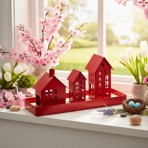 Metall-Windlicht-Set Häuser Rot mit Tablett 35cm | Floristik24.ch
