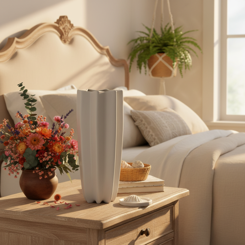 Hohe Keramikvase mit Rillenstruktur 38 cm mattgrau für Trockenblumen | Floristik24.ch