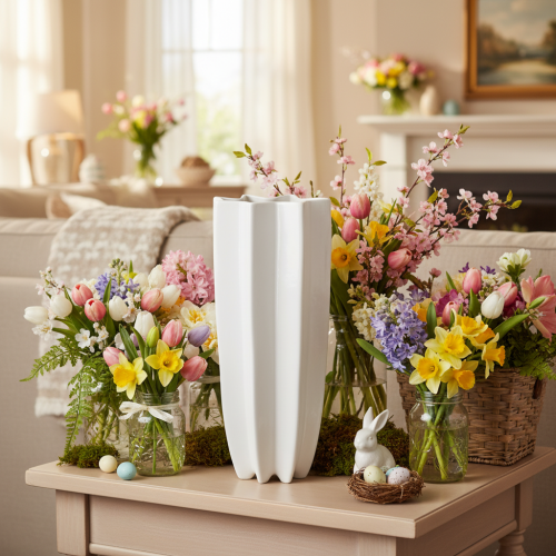 Geriffelte Blumenvase aus Keramik Weiss 38cm | Floristik24.ch