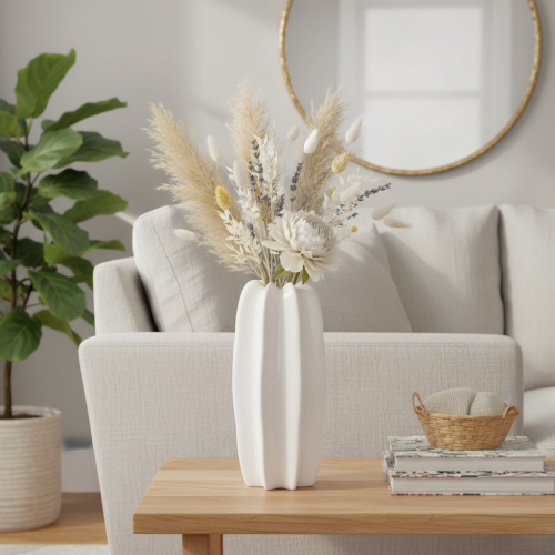 Weisse Keramikvase geriffelt 40 cm für Trockenblumen | Floristik24.ch