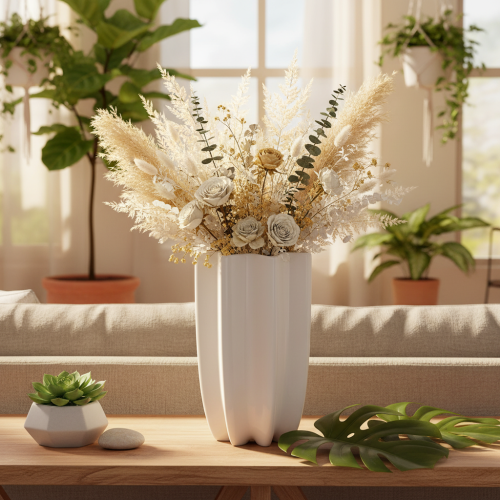 Weisse geriffelte Keramikvase 24cm für Trockenblumen | Floristik24.ch
