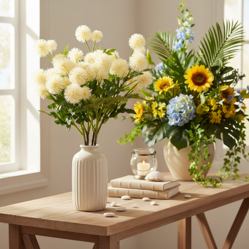 Kunstblume Chrysanthemen Bund Kunststoff cremeweiss 56cm 4 Stück für Innenbereich | Floristik24.ch