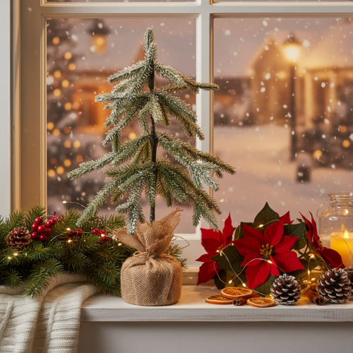 Künstlicher Tannenbaum mit LED 50 cm beschneit im Jutesack für Innen | Floristik24.ch