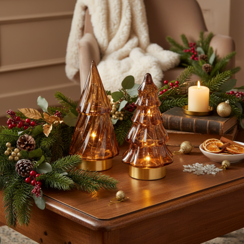 Glas-Weihnachtsbäume mit LED-Licht, 13 cm, Braun-Gold, 2er-Set, für Innenbereich | Floristik24.ch