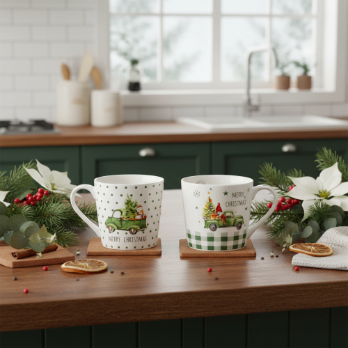 Weihnachtstassen-Set Keramik 10 cm grün mit Weihnachtsauto-Motiv | Floristik24.ch