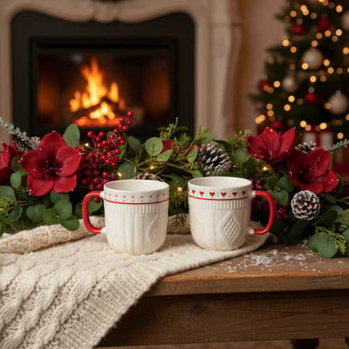 Kaffeetasse 9cm Keramik mit rotem Henkel und Herzmotiv 2er-Set | Floristik24.ch