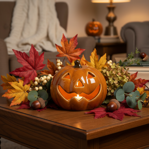 Keramikkürbis mit LED Beleuchtung 10cm Orange für Halloween | Floristik24.ch