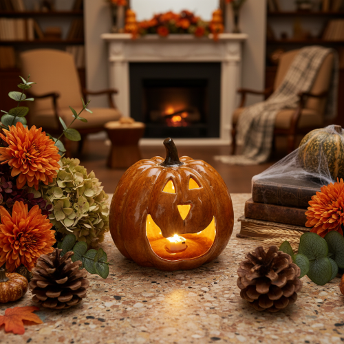Keramik Kürbis 15 cm, orange, mit LED-Beleuchtung für Halloween | Floristik24.ch