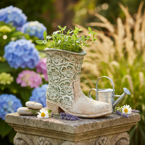 Artikel Blumentopf in Stiefel-Form aus Polyresin mit Blumenmuster, 24 cm, Braun-Grün