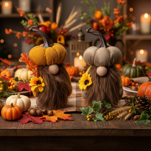 Herbstliche Figuren Kürbiswichtel mit Bart und Sonnenblume aus Stoff 16 cm 2er-Set | Floristik24.ch