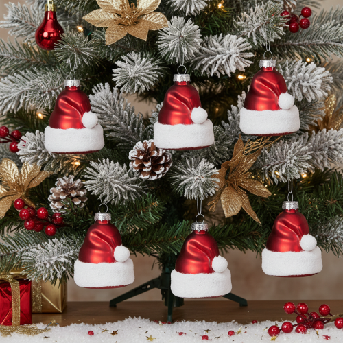 Artikel Weihnachtskugeln Nikolausmütze Glas Rot-Weiss 8cm 6 Stück