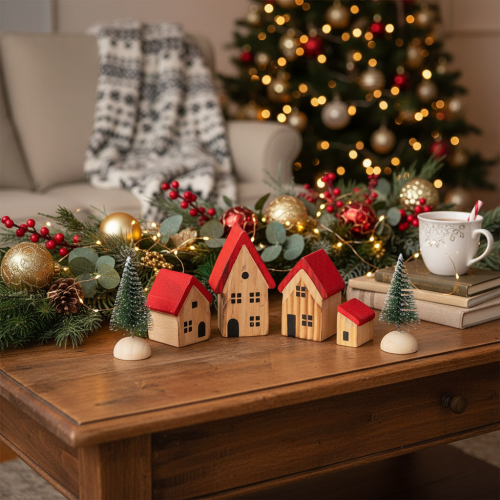 Holz-Dekohaus-Set mit roten Dächern und Tannenbäumen 12 cm 6-teilig | Floristik24.ch