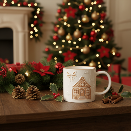 Artikel Keramiktasse mit Lebkuchen-Hausmotiv und Reliefmuster 9 cm
