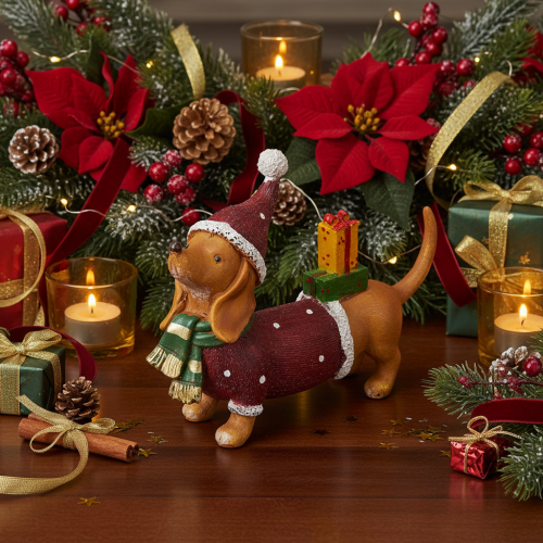 Artikel Dekofigur Dackel aus Polyresin 18 cm Rot-Grün-Braun für Weihnachten