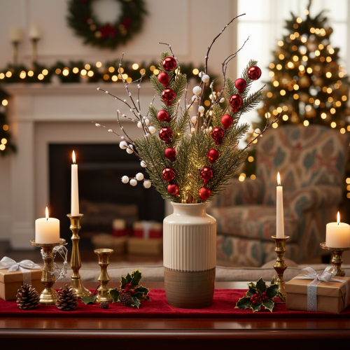 Artikel Künstlicher Tannenzweig mit roten Weihnachtskugeln 48 cm 2er Set