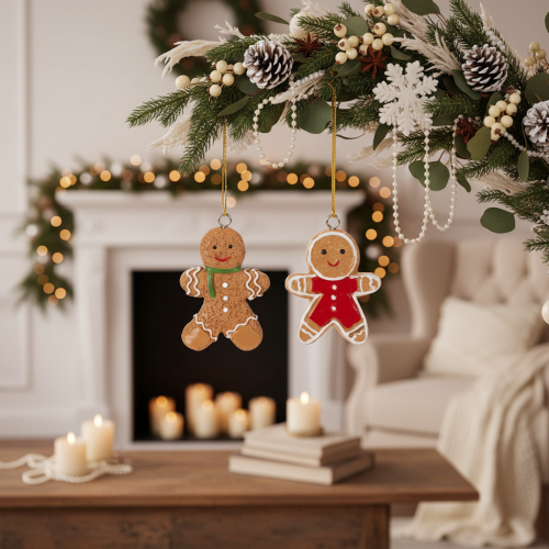 Artikel Deko-Anhänger Lebkuchenmännchen 6 cm Polyresin Braun Rot 12er-Set