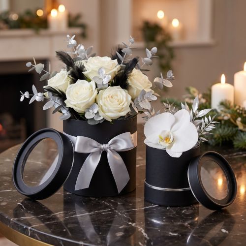 Runde Blumenbox aus Karton Schwarz Silber Ø10/12cm Set mit 2 Stück | Floristik24.ch