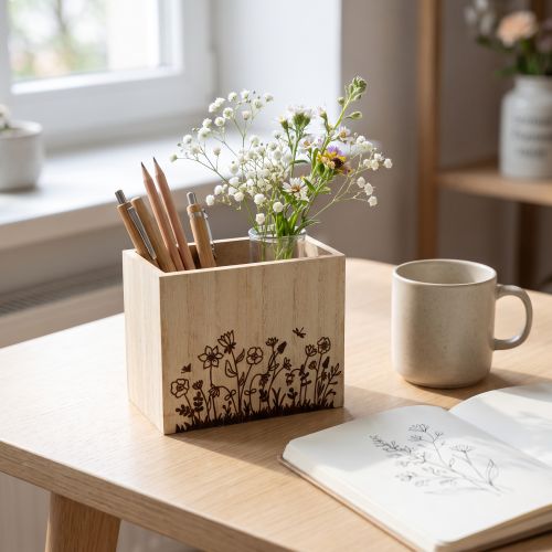 Holzkiste Schreibtisch-Organizer aus MDF-Holz mit floralem Motiv 14×8×12cm naturfarben | Floristik24.ch