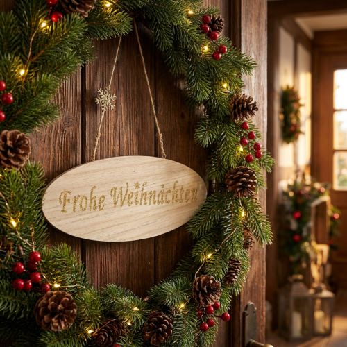 Schild aus Holz „Frohe Weihnachten“ oval 30 x 11 cm mit Jutekordel naturfarben und gold 3 Stück | Floristik24.ch