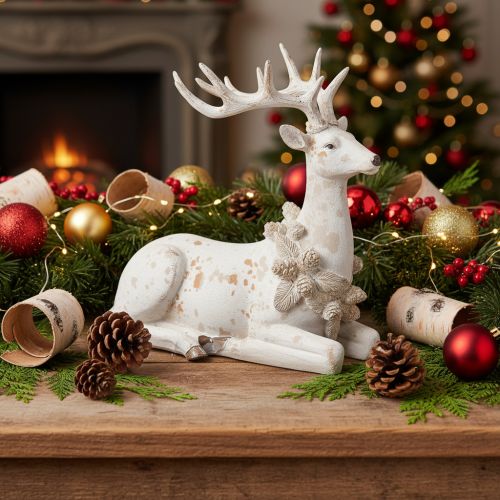 Artikel Dekofigur Hirsch sitzend mit Geweih 30 cm Polyresin Weiss