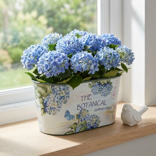 Blumenschale oval aus Kunststoff mit Hortensien-Motiv 21,5×12,5×11 cm für Innenbereich | Floristik24.ch