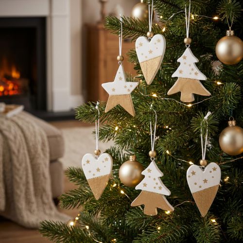 Weihnachtsdeko Anhänger Holz 6er Set Weiss Gold Stern Baum Herz 6,5-7cm | Floristik24.ch