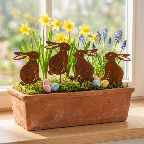 Blumenstecker Metall Osterhase 7x9cm Rostoptik für Garten und Tischdeko 6 Stk. | Floristik24.ch
