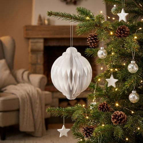 Weihnachtskugel aus Wabenpapier Weiss FSC 15x20 cm | Floristik24.ch