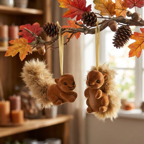 Herbstdeko Hängefigur Eichhörnchen 6 cm Braun Kunststoff und Federn 2er-Set | Floristik24.ch